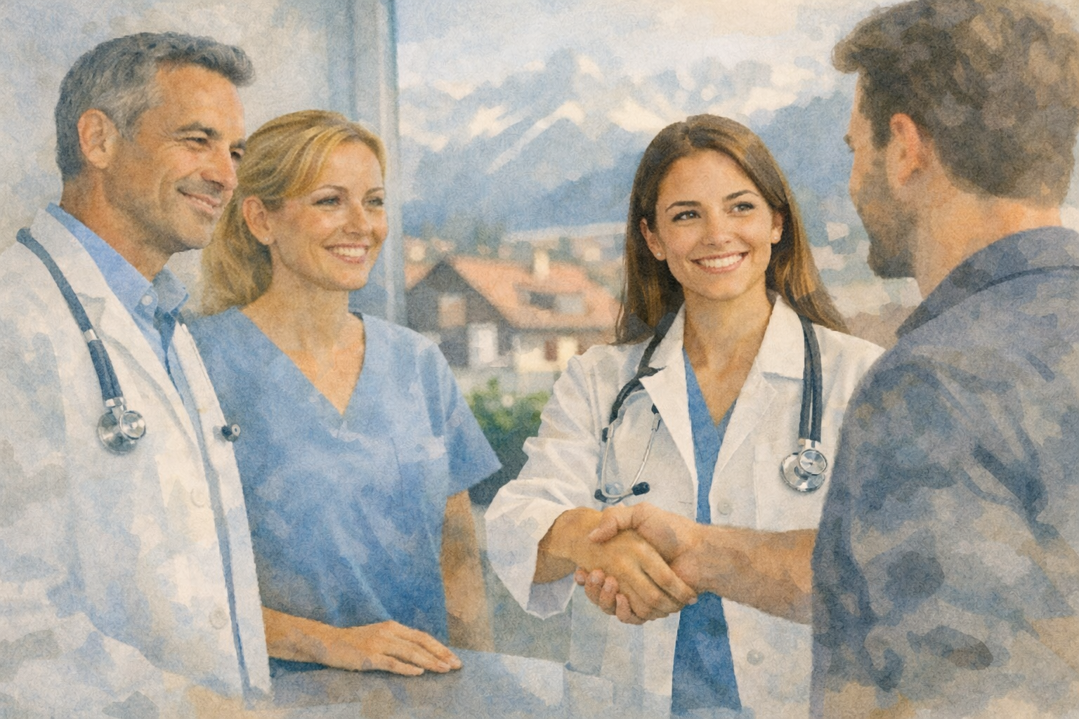 Praxisteam begrüsst neuen Mitarbeiter per Handschlag – erfolgreiche Mitarbeitergewinnung für Arztpraxen in Deutschland