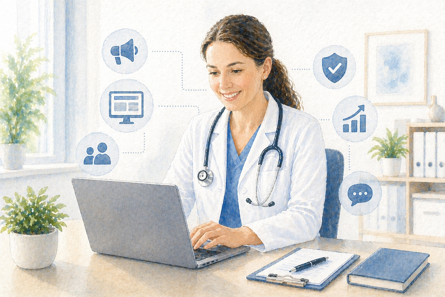 Lächelnde Ärztin im weißen Kittel arbeitet am Laptop und plant ihr digitales Praxismarketing – umgeben von Symbolen für Werbung, Website, Patientenkontakt, Rechtssicherheit, Wachstum und Kommunikation.