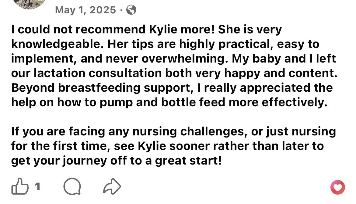 Screenshot of a Facebook post praising Kylie for her breastfeeding tips and nursing support, dated May 1, 2025.