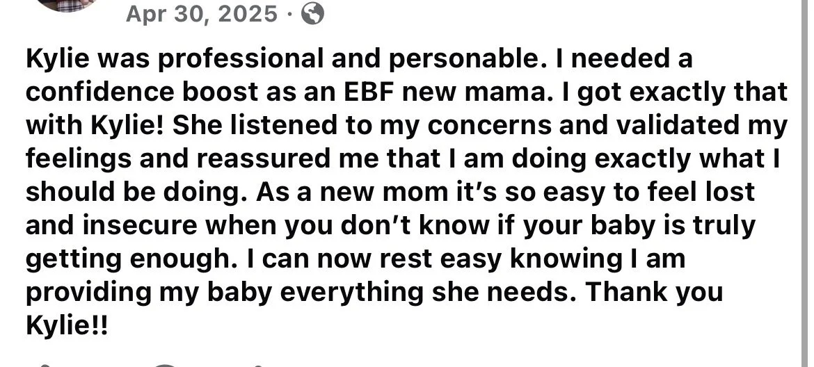 A social media post dated April 30, 2025, expressing gratitude for Kylie, a professional and empathetic person who helped boost confidence as a new mother by listening to concerns and validating feelings.