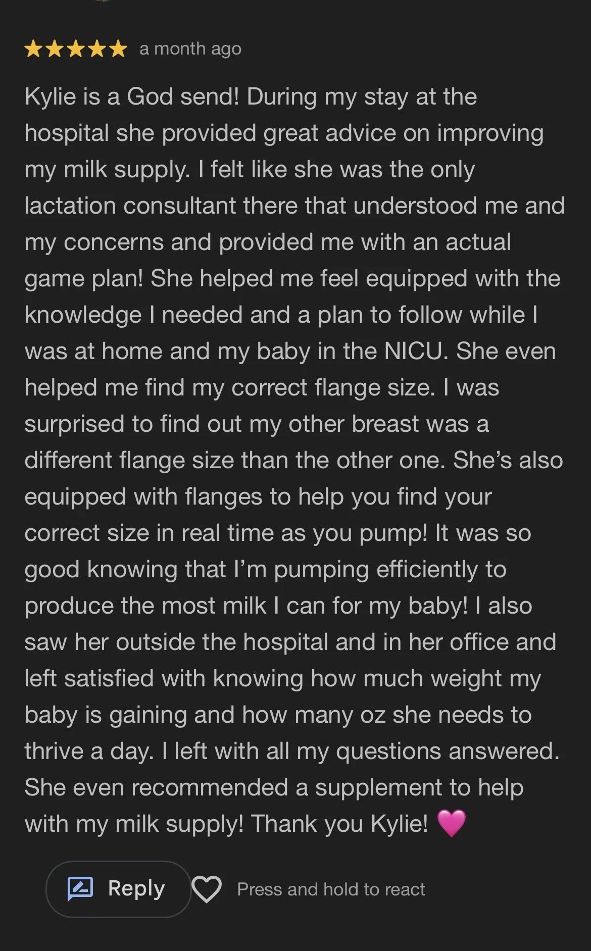 Screenshot of a positive review about Kylie, a lactation consultant, praising her helpful advice and support during a hospital stay and breastfeeding journey.