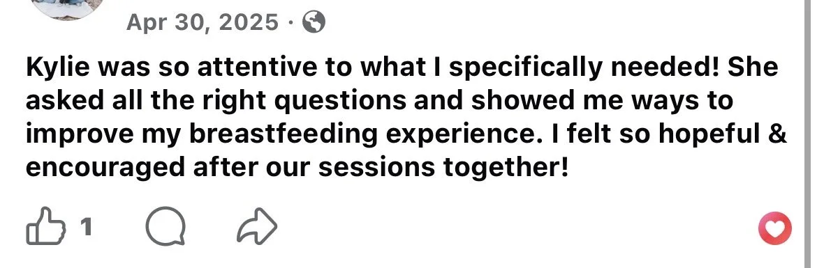 Screenshot of a social media review praising Kylie for her helpful questions and advice on improving breastfeeding experience.