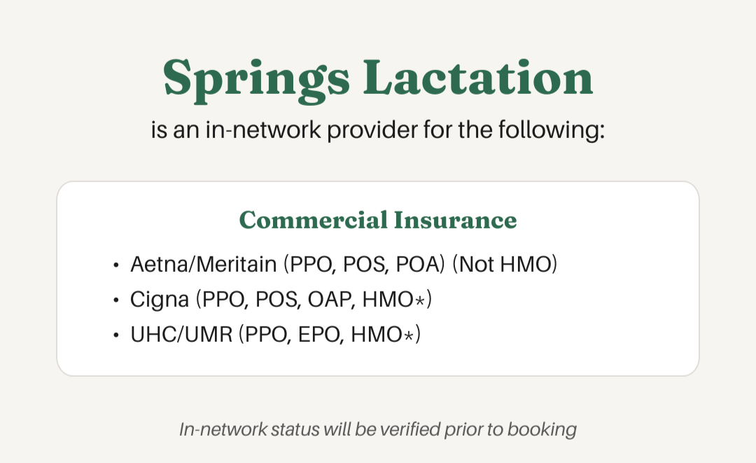 Information about Spring's Lactation services, listing the providers for commercial insurance including Aetna/Meritain, Cigna, and UHC/UMR with details about the types of insurance accepted.