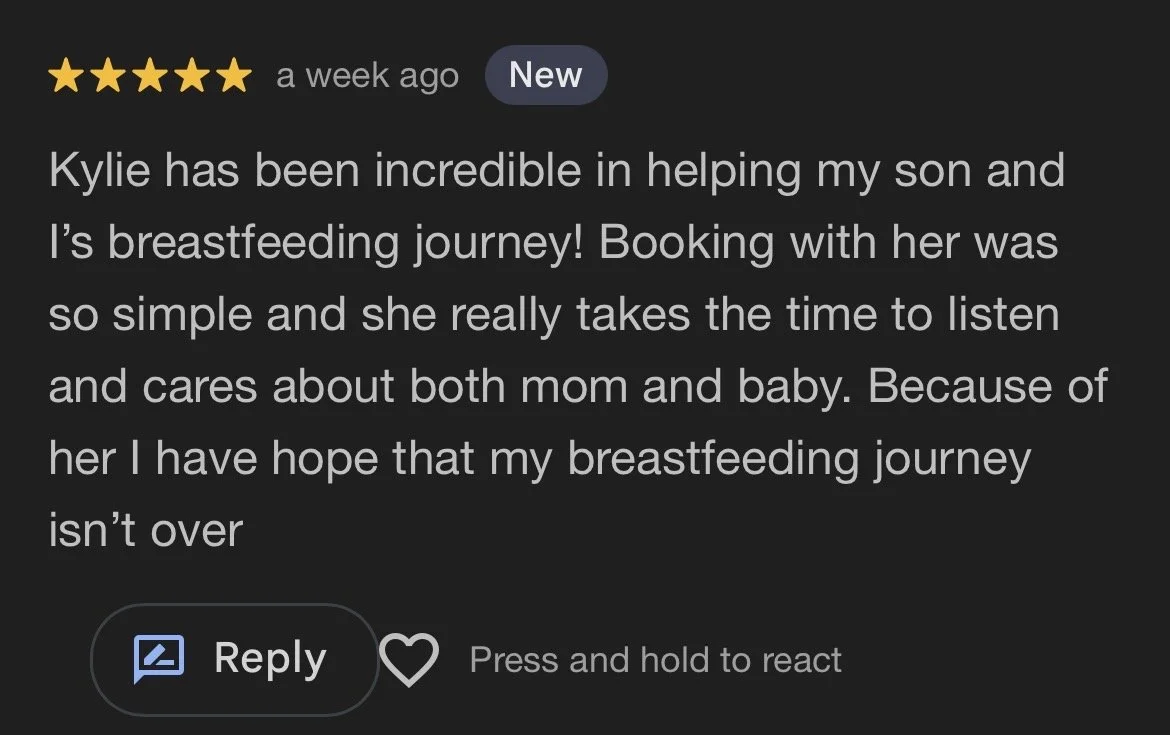 A screenshot of a 5-star review praising Kylie for her help with breastfeeding, expressing gratitude for her support and the booking process.