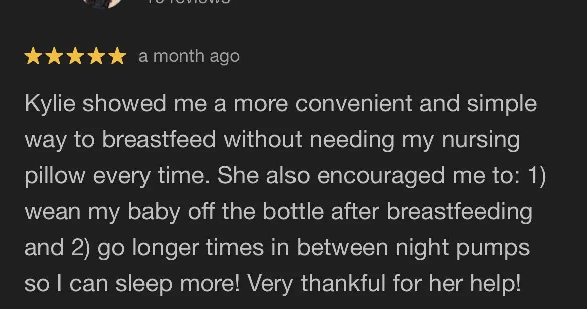 Screenshot of a 5-star review praising Kylie for teaching a more convenient way to breastfeed without a nursing pillow, encouraging baby to wean from the bottle after breastfeeding, and extending time between night pumps.