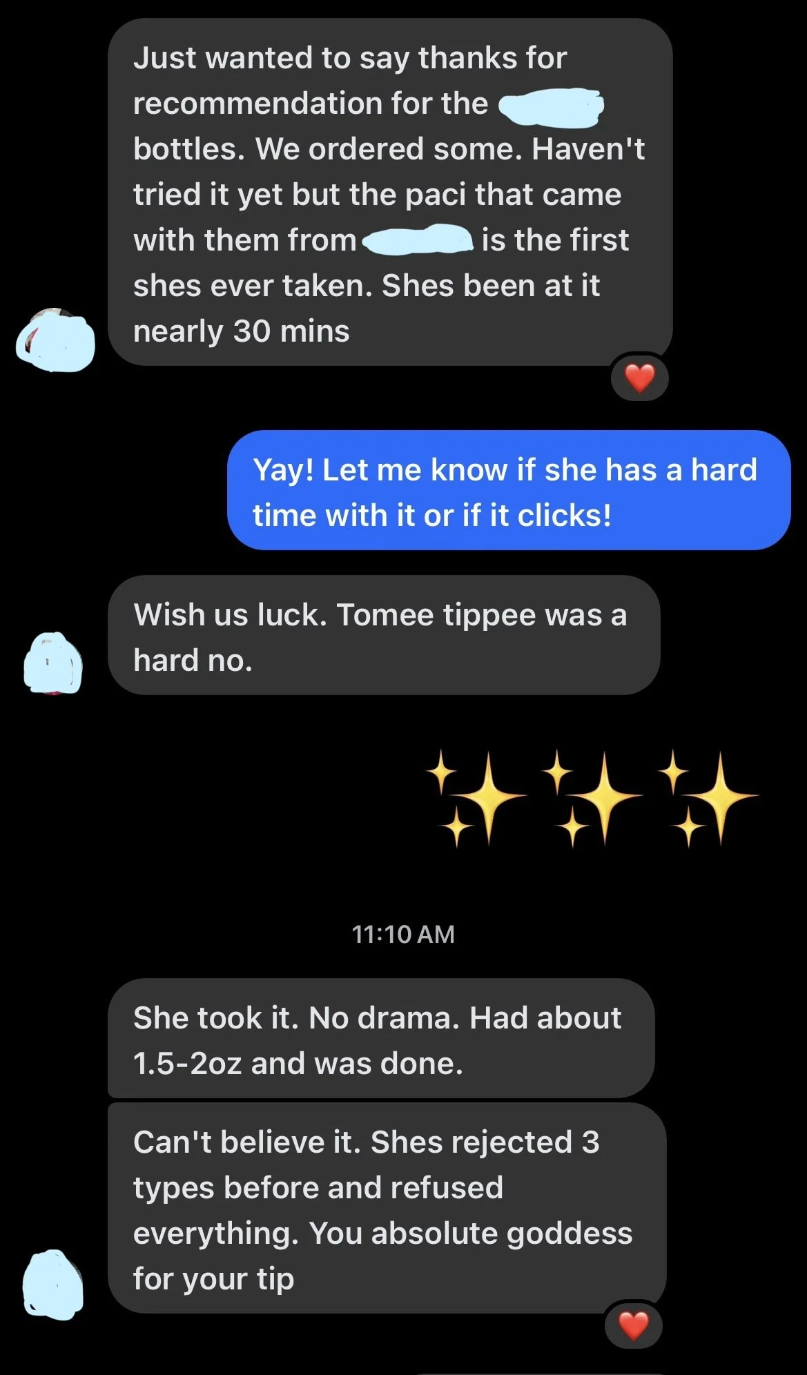 Screenshots of a text message conversation discussing a pet's reaction to a new toy or treat, with emojis of a red heart and sparkles.