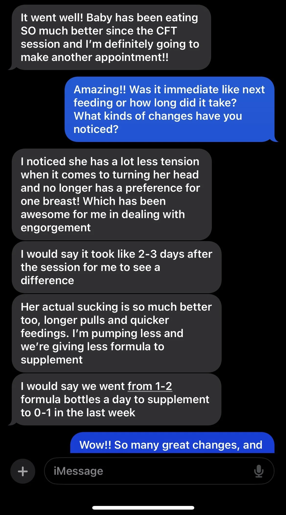 Screenshots of a text conversation about improvements in baby feeding and bonding, mentioning better latch, less tension, and reduced formula use.