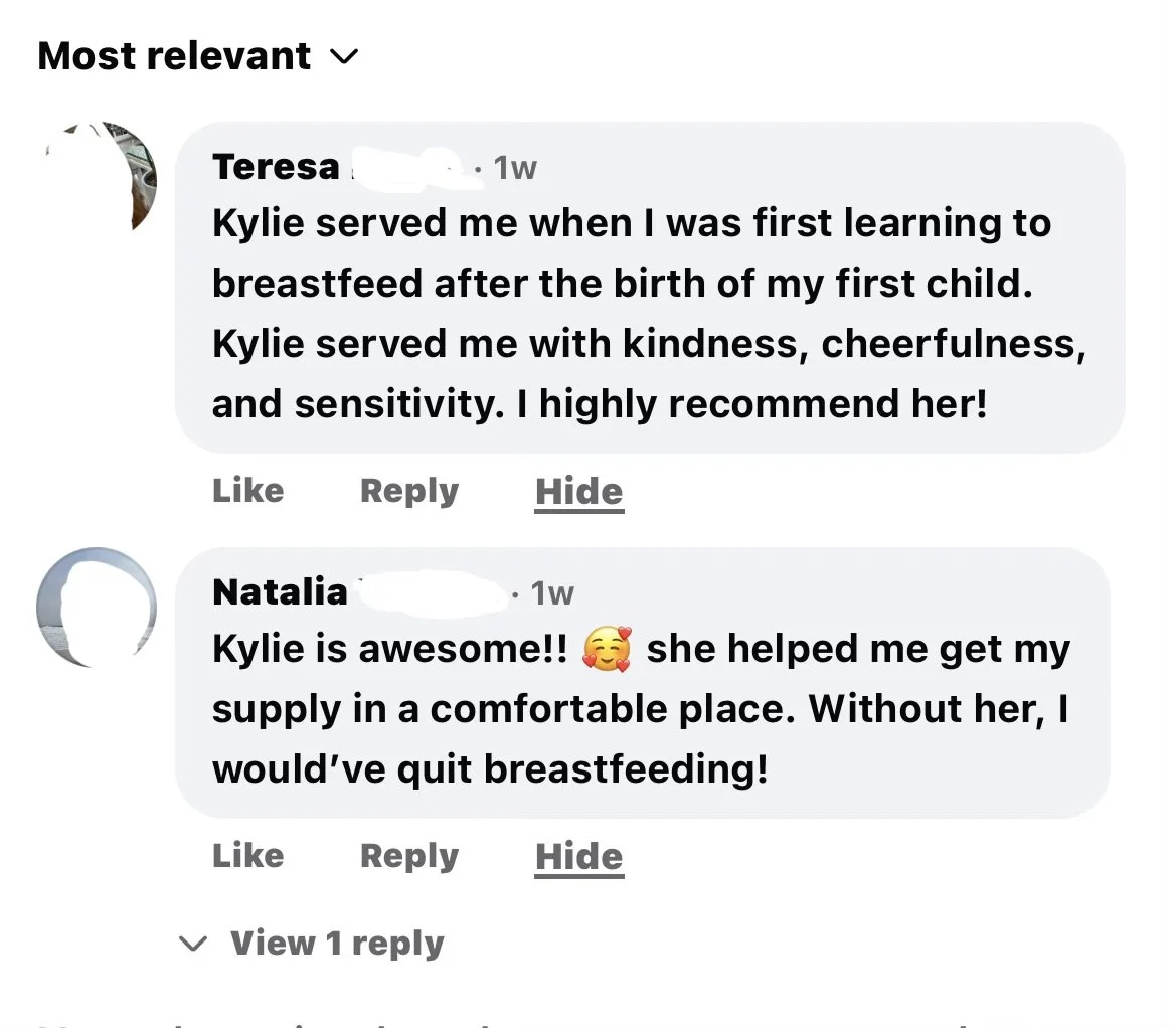 Screenshot of a Facebook comment thread about Kylie helping with breastfeeding, mentioning kindness, cheerfulness, and sensitivity.