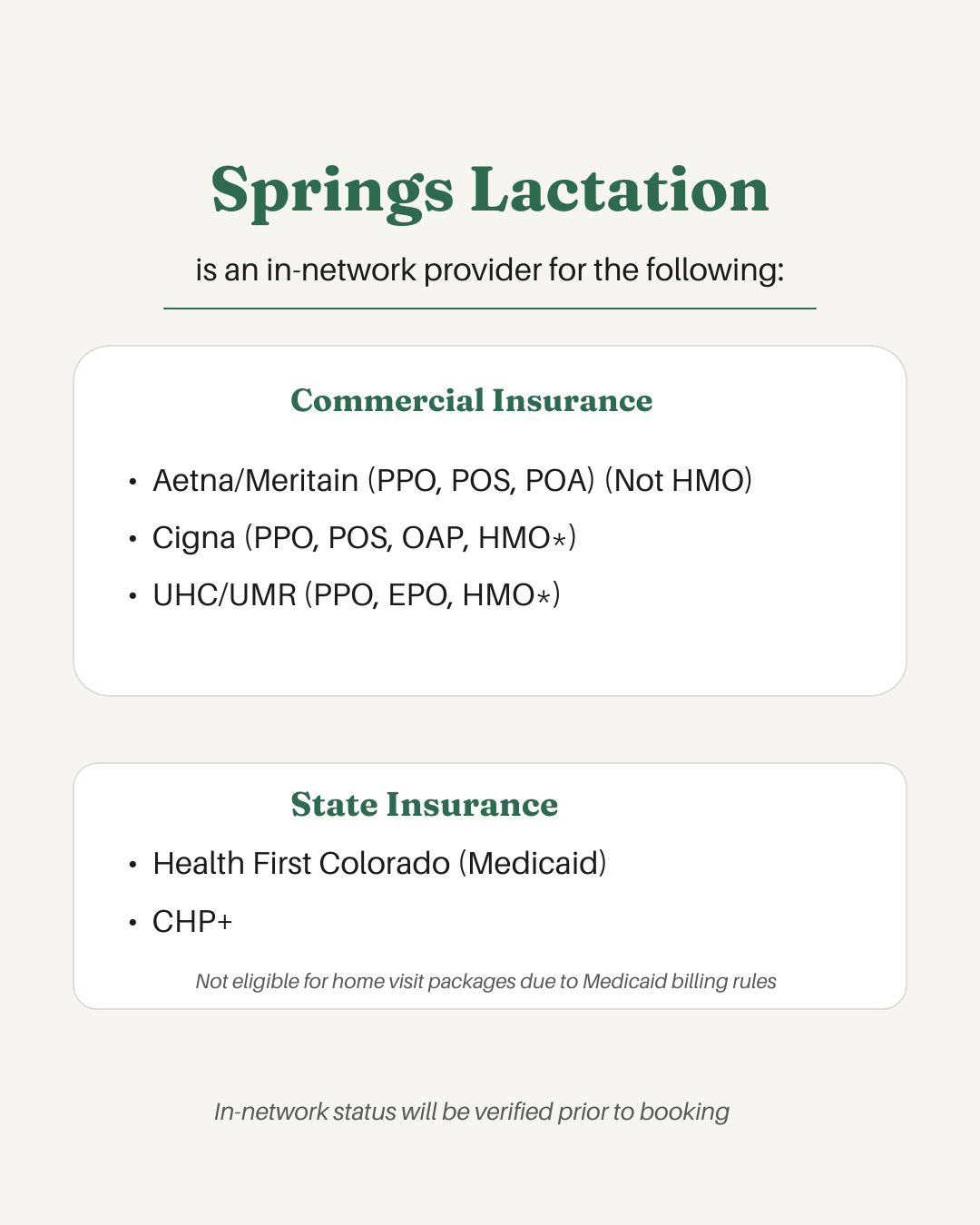 A list of insurance providers and coverage types for Springs Lactation, including commercial insurance options like Aetna, Cigna, UHC/UMR, and state insurance options like Medicaid and CHIP, with notes on eligibility.