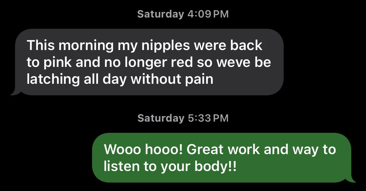 Chat conversation on a mobile device about breast nipple color changes and health observations.