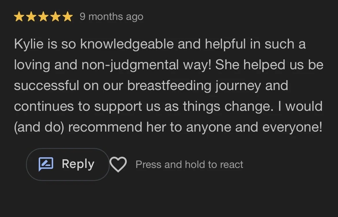 Customer review praising Kylie for her helpful and non-judgmental support in breastfeeding journey, recommending her to others.