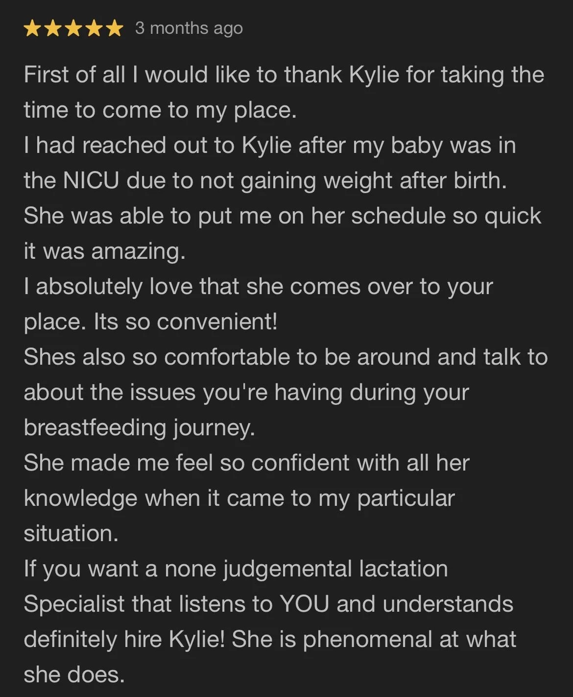 Customer review praising Kylie for her helpful and understanding breastfeeding advice.