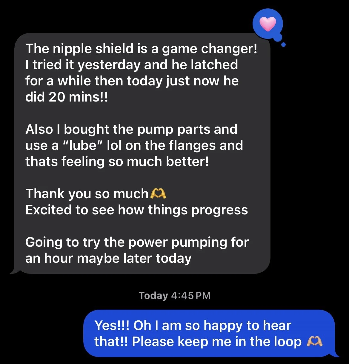 Screenshot of a text conversation about a nipple shield and pump parts, with one message sharing progress and plans, and the other replying happily.