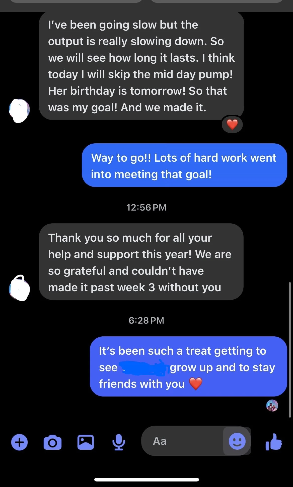 Screenshot of a texting conversation on a dark background, showing messages of gratitude and celebration between two people, including messages about a goal, support, and friendship, with timestamps from noon to evening.
