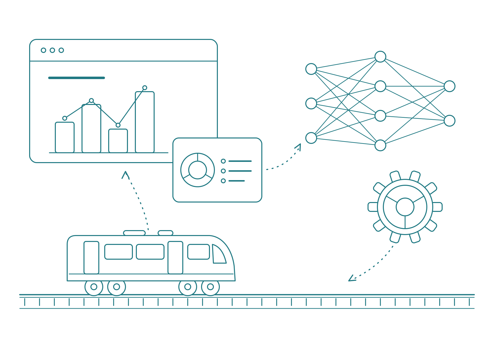 Line drawing illustration of data analysis and technology concepts, including graphs, diagrams, a computer screen, a train, gears, and interconnected nodes.