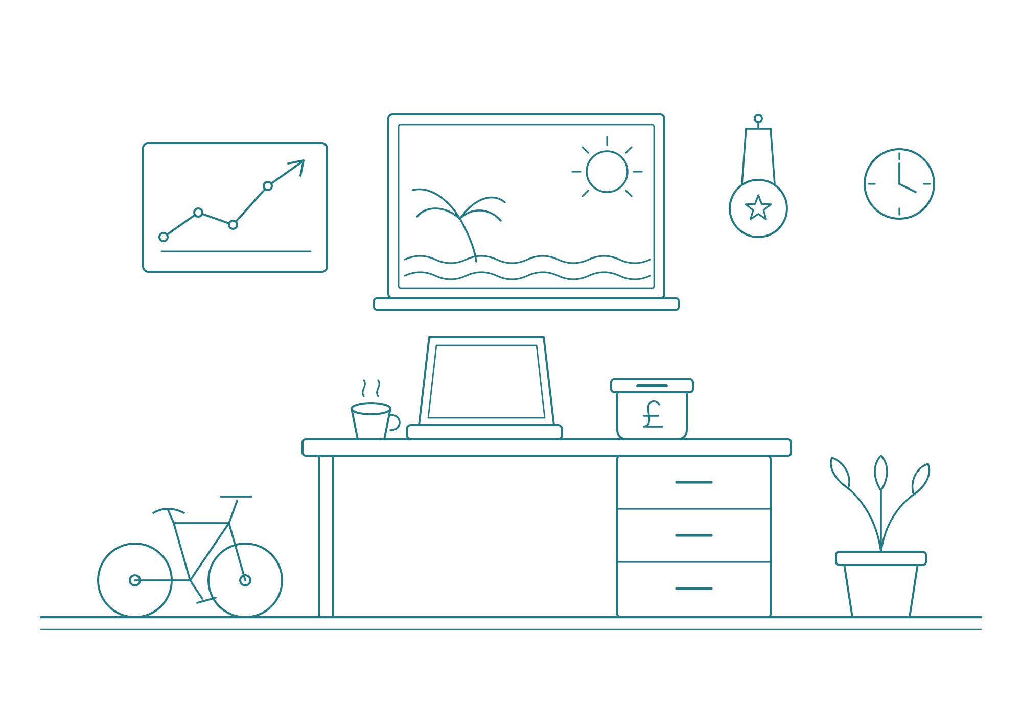 Illustration of a home office setup with a desk, laptop showing a sunset over water, a mug, a plant, a small flag with a pound currency symbol, a shelf, a bicycle, and a framed picture of a whale jumping out of water.