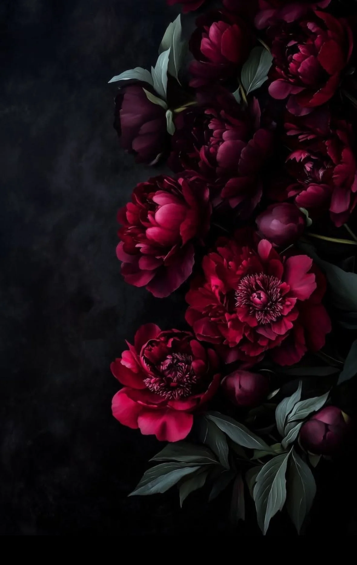Dark red peonies and green leaves arranged on a black background