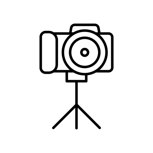 Outline drawing of a camera mounted on a tripod, inside a circle.