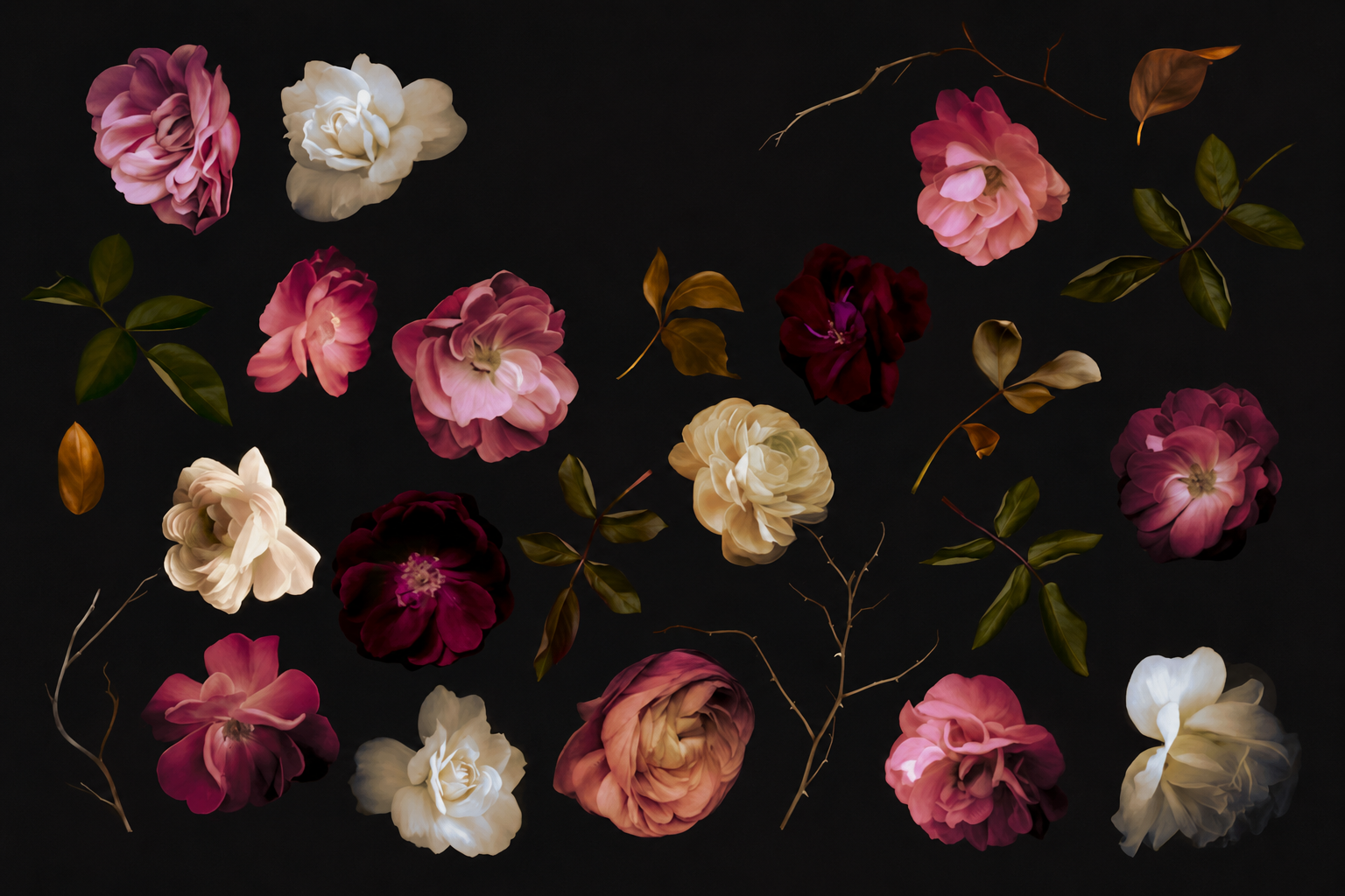 A collection of pink, white, red, and cream roses and small leaves arranged on a black background.