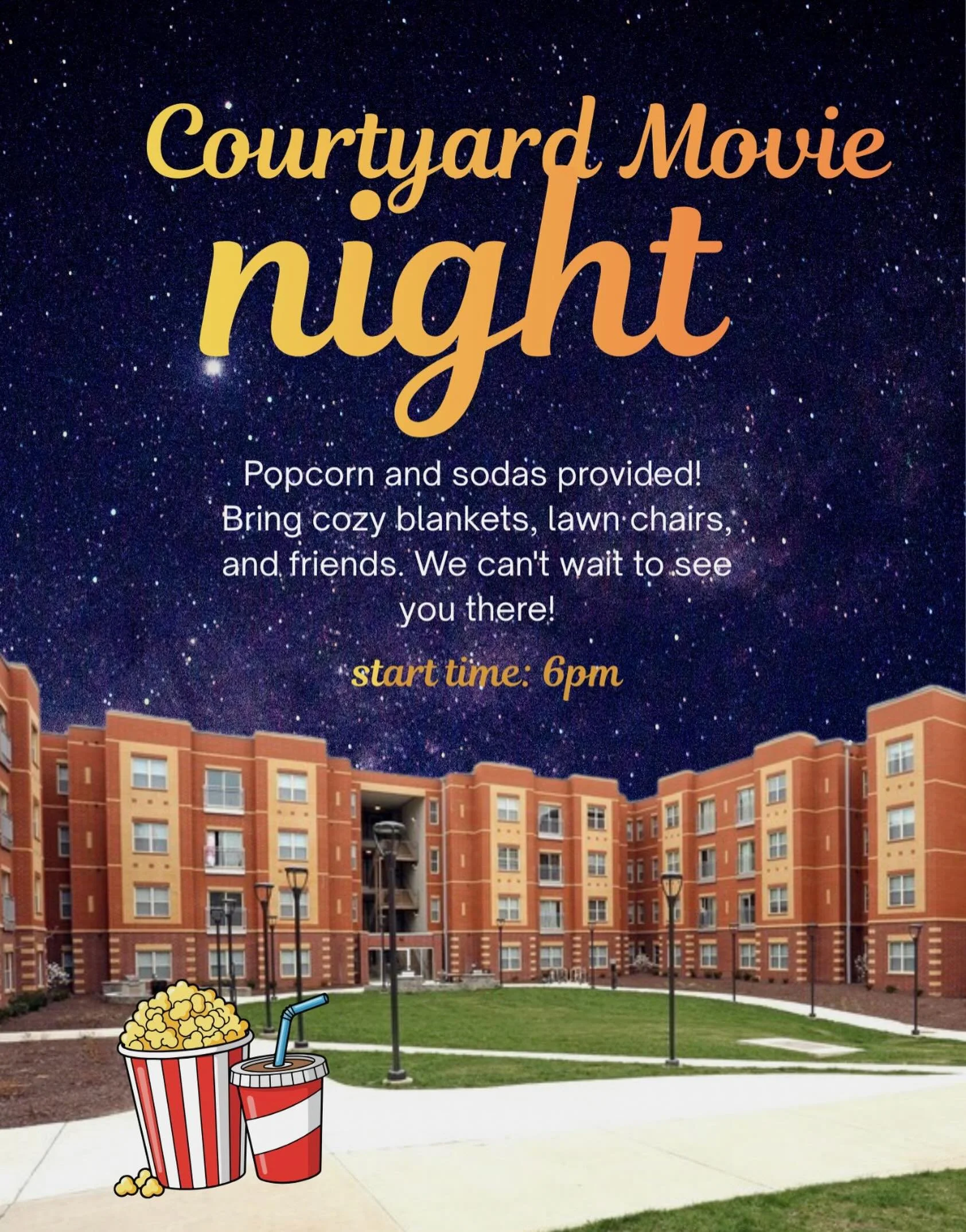 Join us tonight for a MOVIE NIGHT 🎬🍿

Movie: Be there to find out 😉

We will be providing sodas and popcorn! We suggest bringing cozy blankets, lawn chairs, and of course your friends! 

#movienight #courtyardmovie #livethelife #hilltoppers #wku