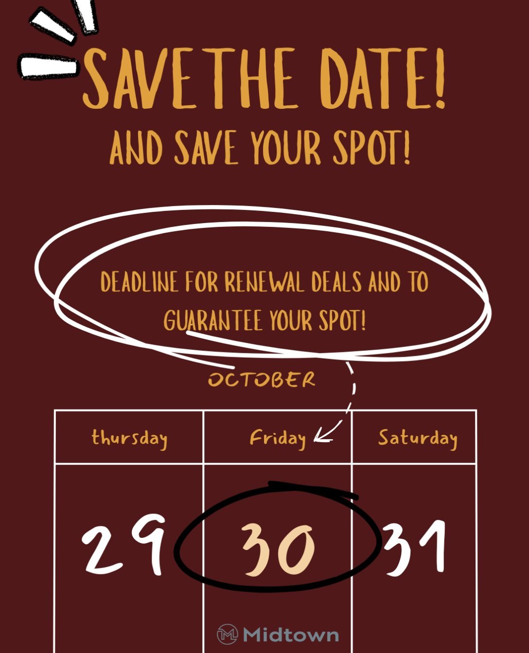 ⏰ Renewal Deadline Reminder! ⏰
Want to keep your same spot for 2027-2028? Renew by 10/30 to guarantee your apartment and lock in our reduced renewal rates before prices increase! 🔑🏡
Don&rsquo;t wait, secure your spot and save today. Contact the off