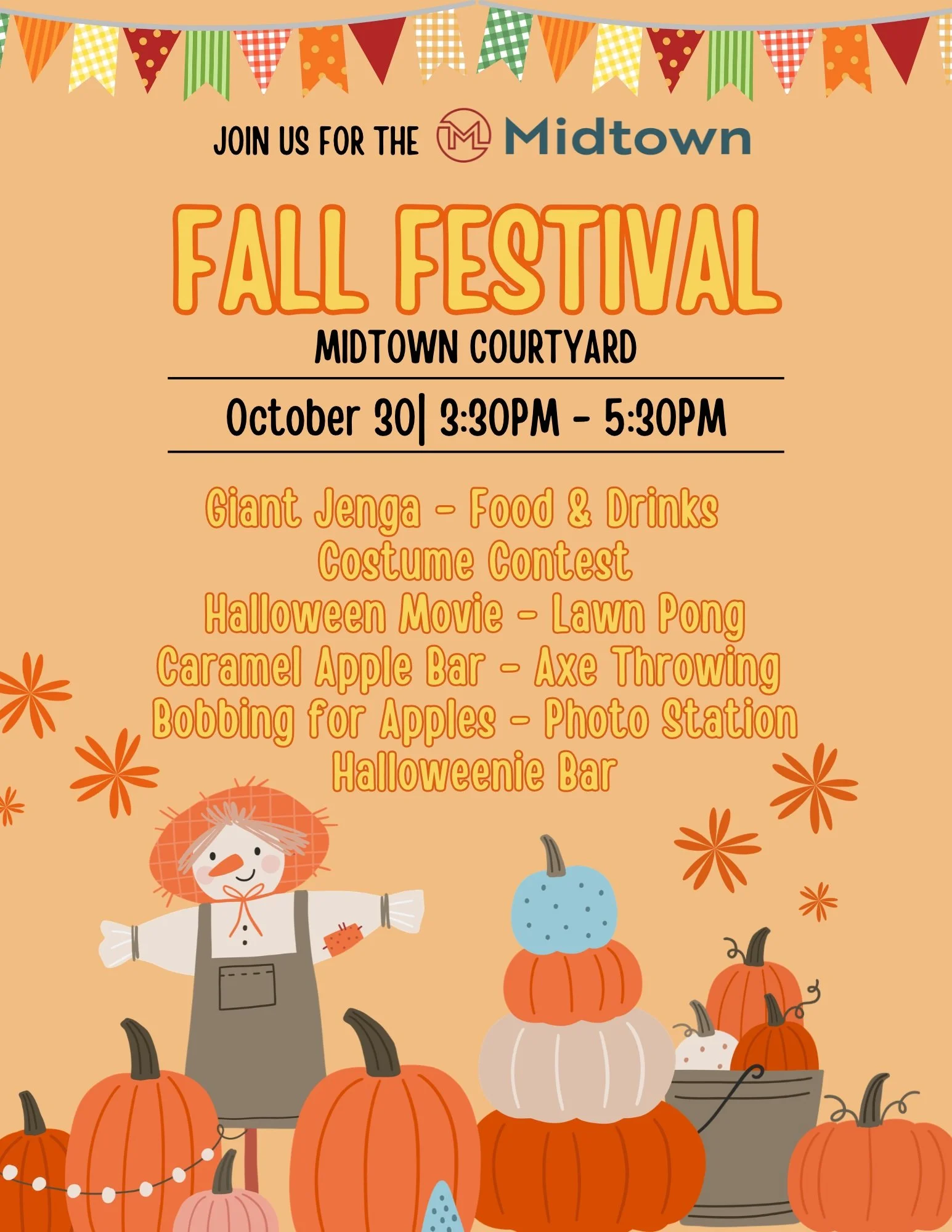 🎃🍂 FALL FESTIVAL THIS FRIDAY! 🍂🎃

Join us in the courtyard on Friday, 10/30 from 3:30 PM - 5:30 PM for an afternoon of fall fun! 🍁✨

🌭 Food &amp; Drinks
 🎮 Games &amp; Prizes
 🎬 Halloween Movie
 🎃 Festive Activities
 👻 Wear a Halloween cost