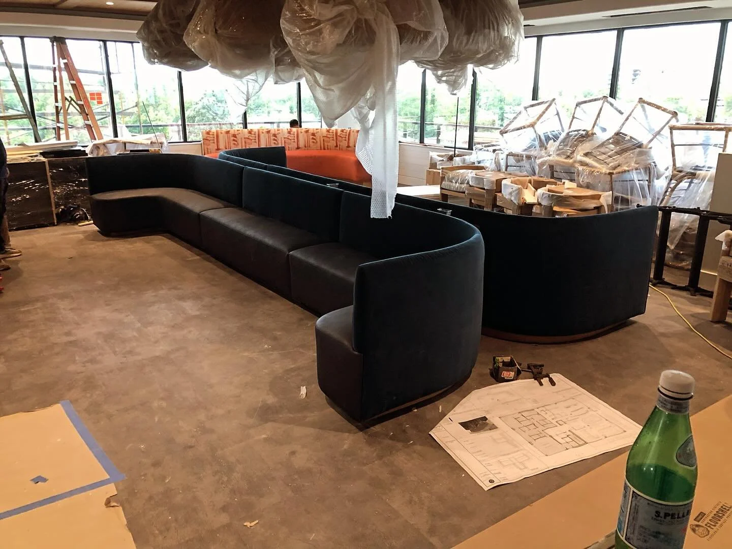 Banquettes went in at The Vibe Club restaurant today. It always feels like Christmas when everything starts showing up!