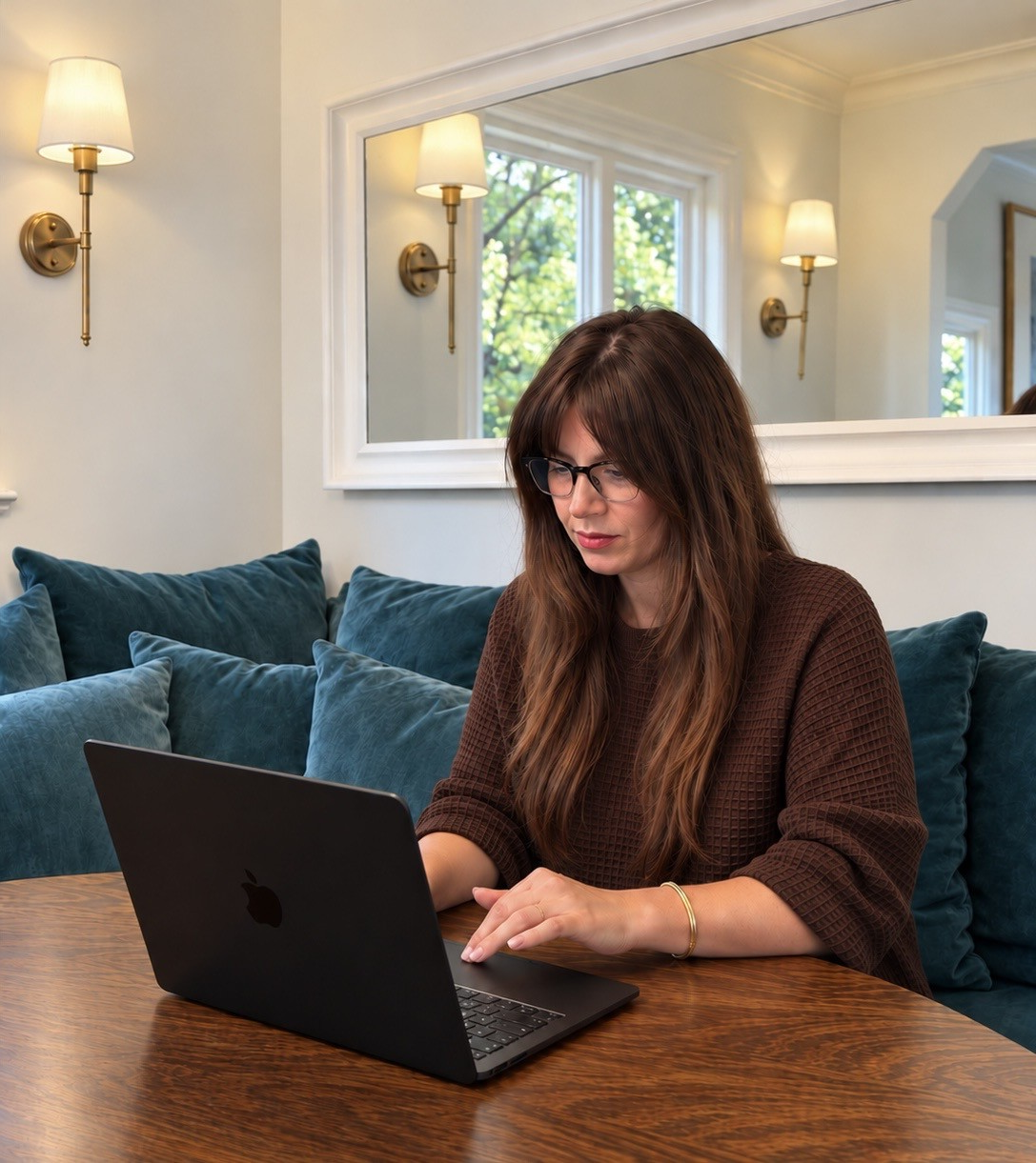 Rebecca Tye with long brown hair, wearing glasses and a brown sweater, working on a black laptop at a wooden table in a living room with teal cushions and wall sconces.