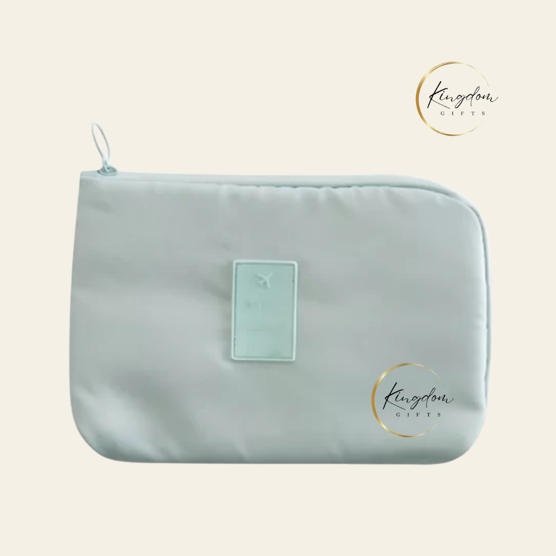 Front view of light blue Multi-Purpose Travel Pouch with custom logo – popular corporate gift for organising tech cables, chargers and daily essentials Singapore.