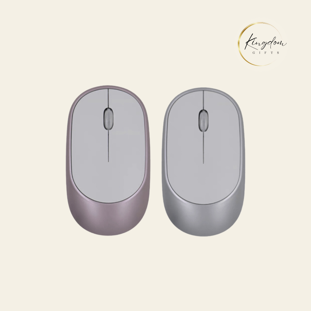 Custom silent wireless mice in rose gold and silver – USB-connected, ultra-quiet design for corporate gifts in Singapore