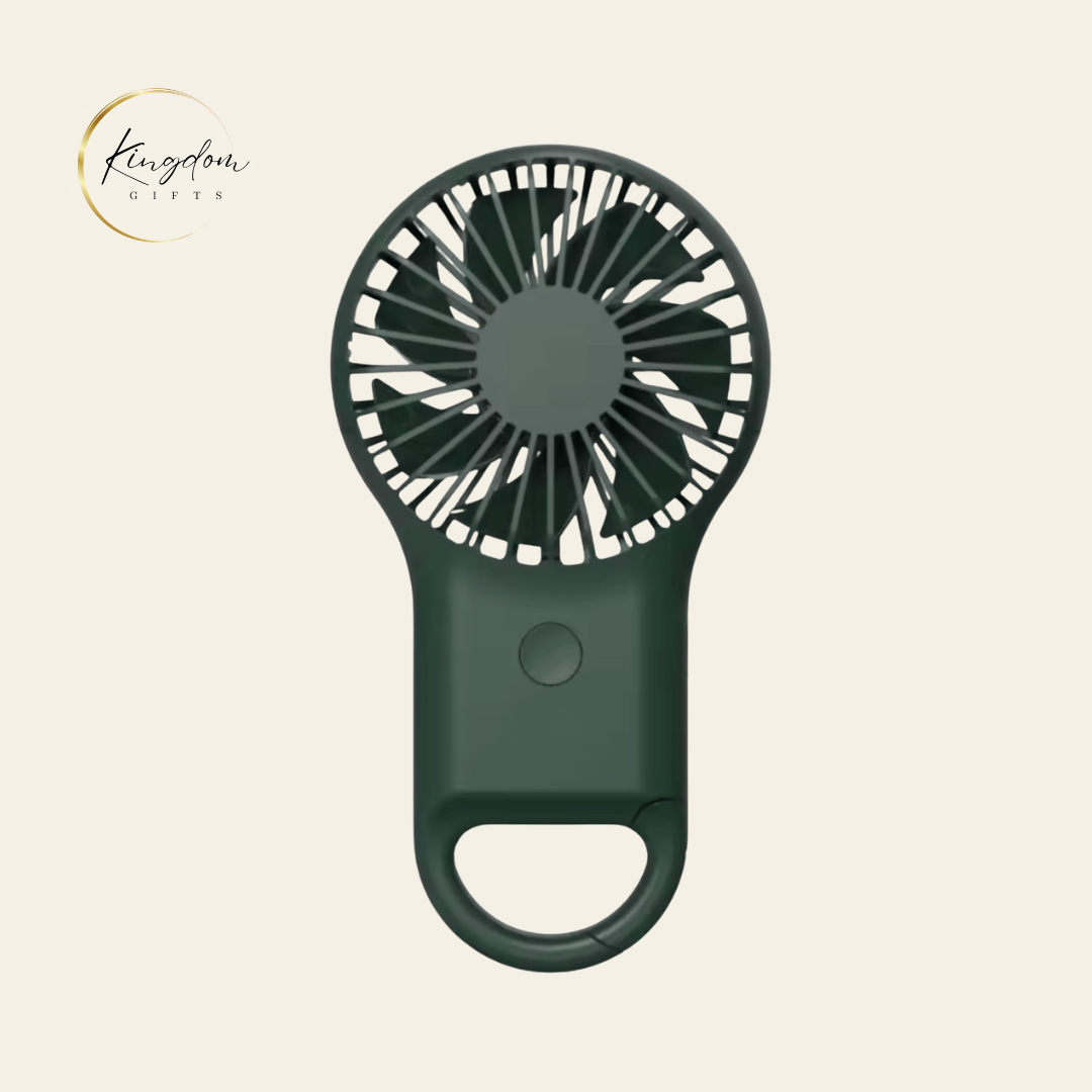 Close-up of Custom Roku Mini Fan in dark green with carabiner design, ideal for onboarding swag and event premiums in Singapore.