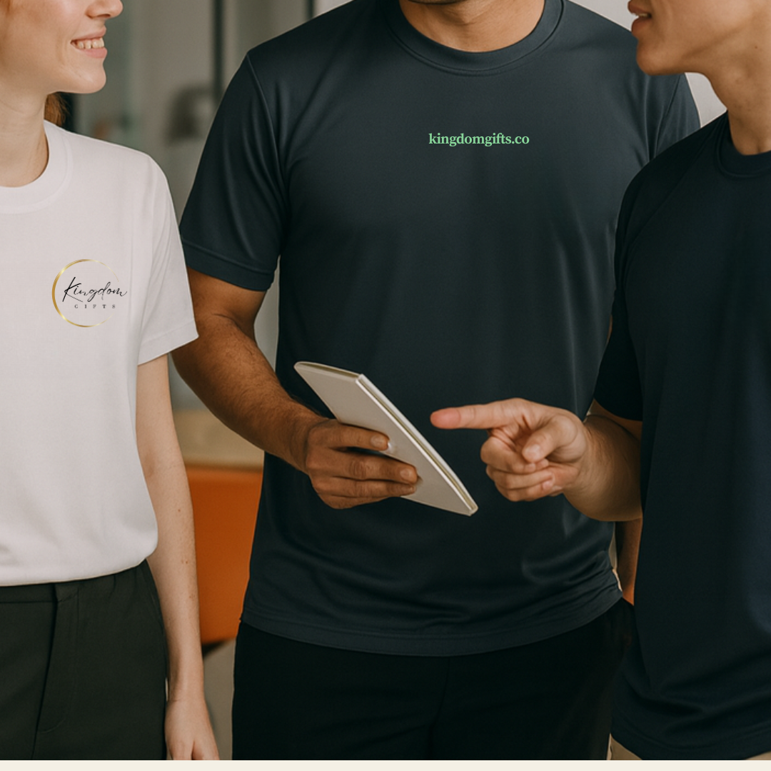 Group wearing custom Oren dri-fit t-shirts with printed logos, suitable for staff uniforms, school CCAs, and promotional campaigns