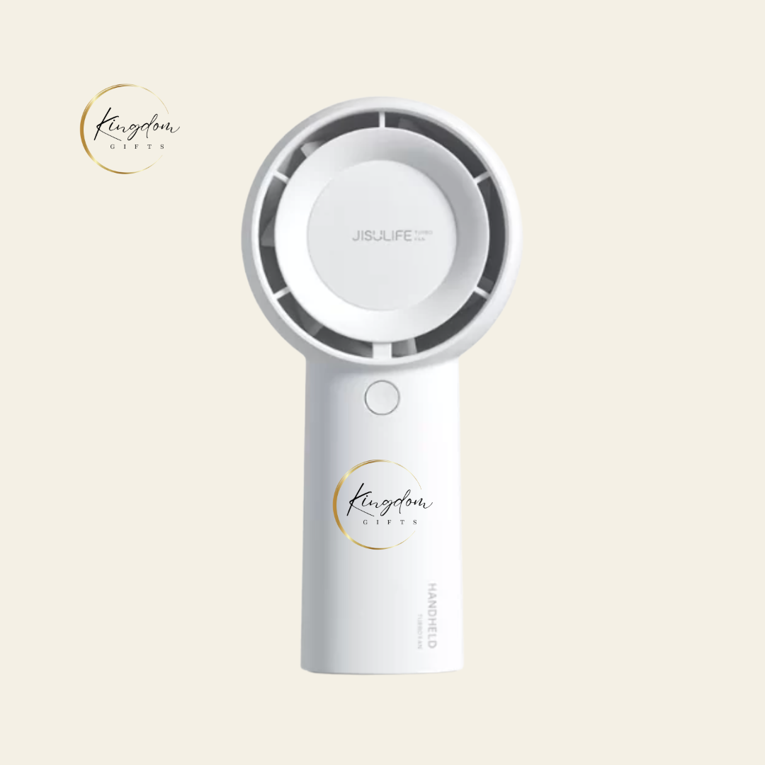 Close-up of JISULIFE Life5 Plus handheld fan in white with Kingdom Gifts logo, perfect for premium customised corporate gifting in Singapore.