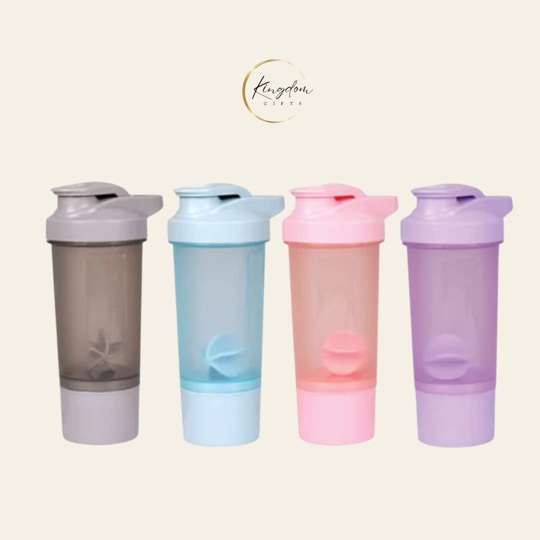 Assorted pastel-coloured shaker bottles with storage compartments, ideal for youth-oriented branding. Customisable and available in bulk for Singapore corporate giveaways or health event merchandise.