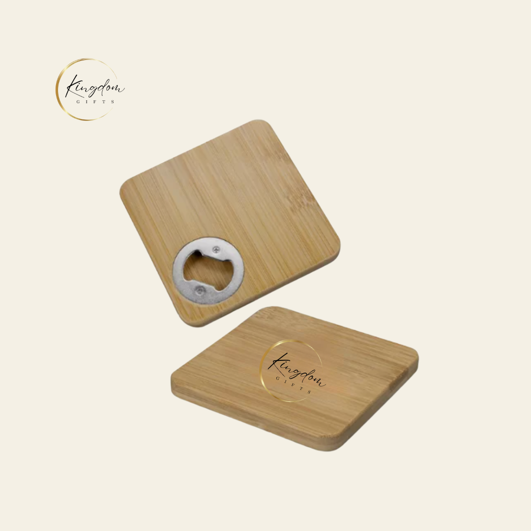 Customise this bamboo wood coaster with integrated opener for unique event merchandise in Singapore. Sleek, sustainable, and ready for your brand’s logo or message.
