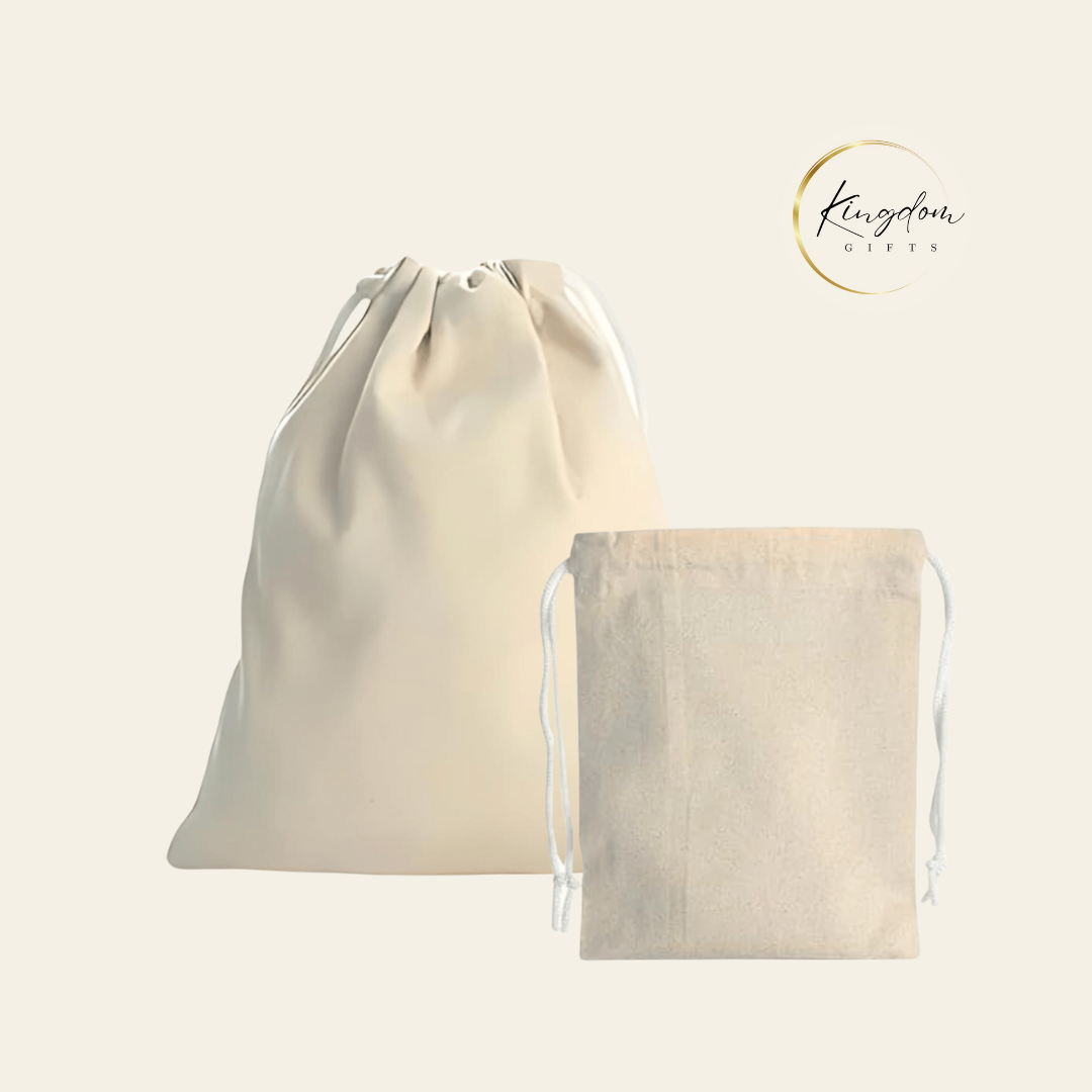 Customisable cotton and canvas drawstring pouches in two sizes, ideal for corporate gifts, door gifts, and event premiums in Singapore.