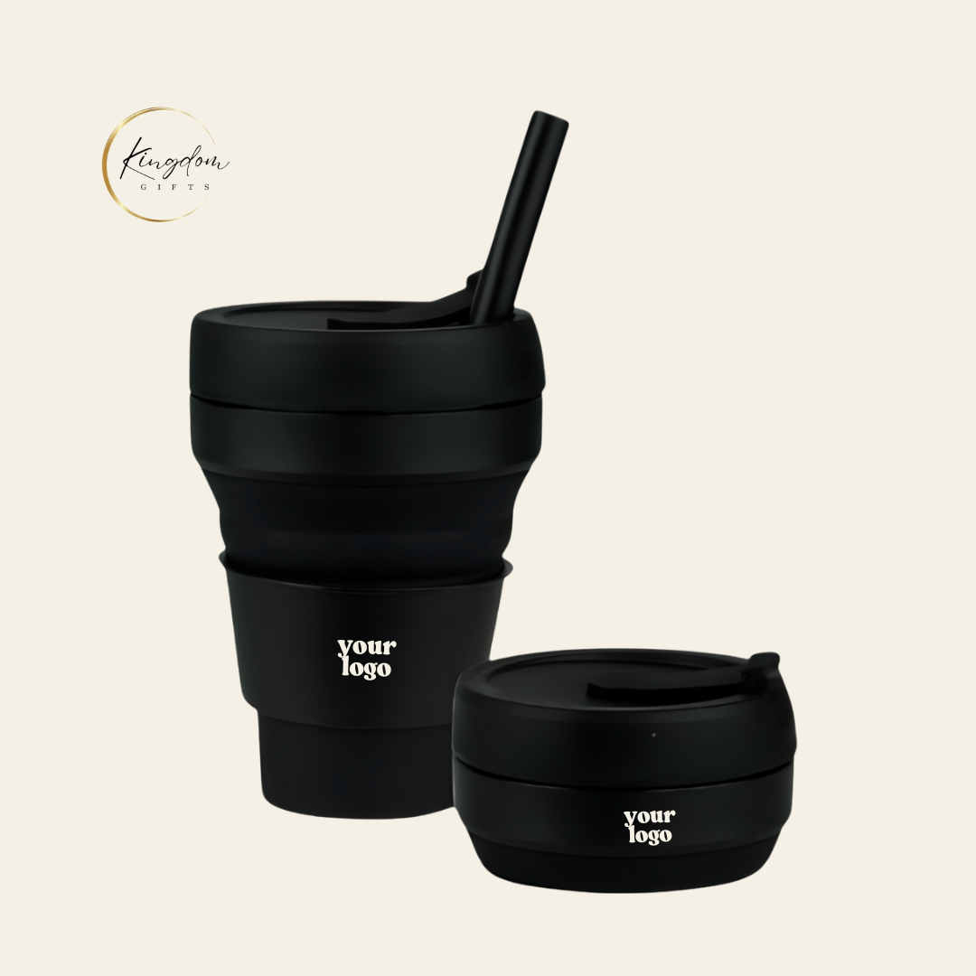 Black foldable mug with straw shown in expanded and collapsed views, featuring custom logo printing – eco-friendly and practical promotional gift option in Singapore