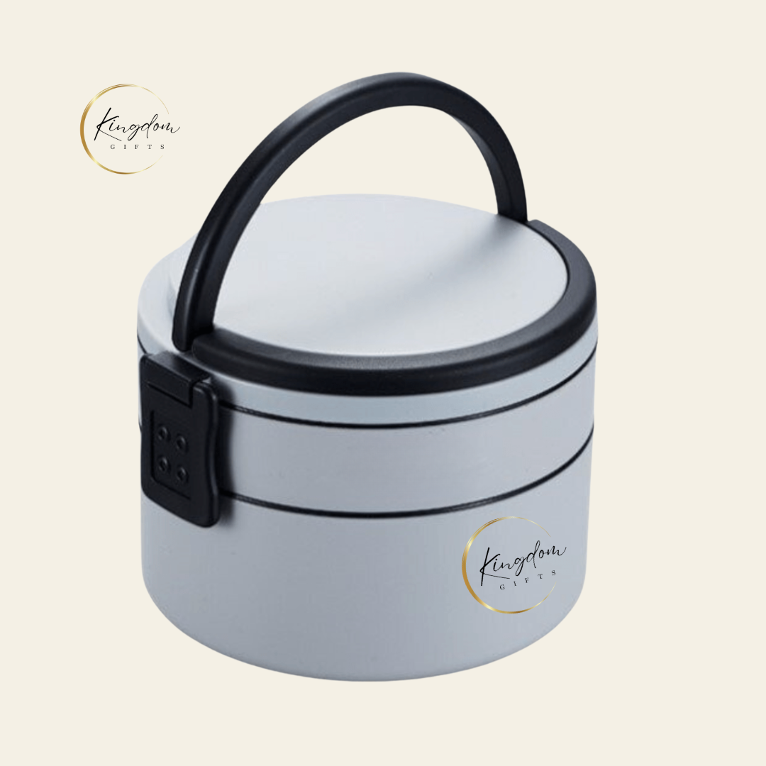 Custom grey BPA-free two-tier lunch box with logo printing – practical and stylish branded corporate gift for staff or students in Singapore