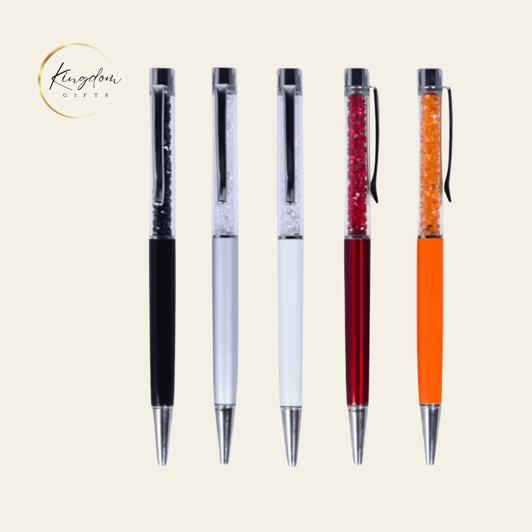 Sleek customisable crystal ball pens with logo printing options – shown in black, white, red, orange, and silver
