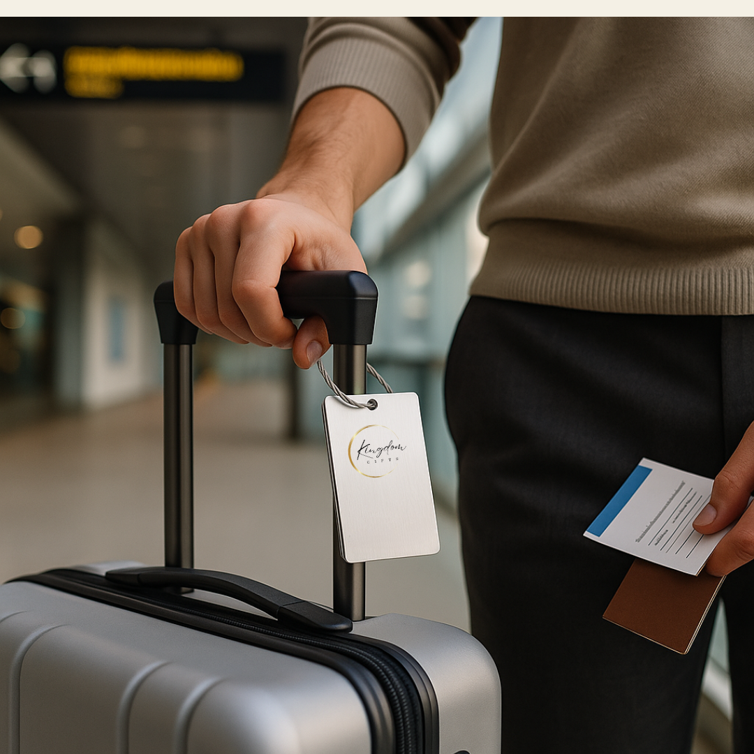 Professional traveller holding a custom aluminium luggage tag with corporate logo in Singapore airport, ideal for bulk branding and gifting.