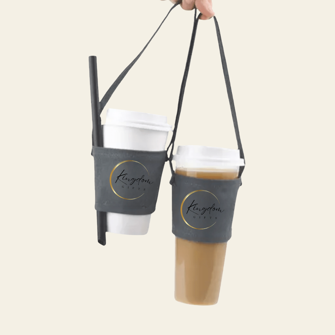 Two reusable bubble tea cup carriers holding takeaway cups with Kingdom Gifts logo – sustainable event merchandise in Singapore