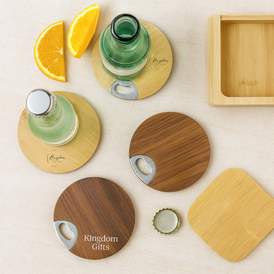 Custom bamboo coasters with built-in openers offer a blend of practicality and eco-style. Ideal as corporate gifts, door gifts, or F&B event merchandise in bulk.