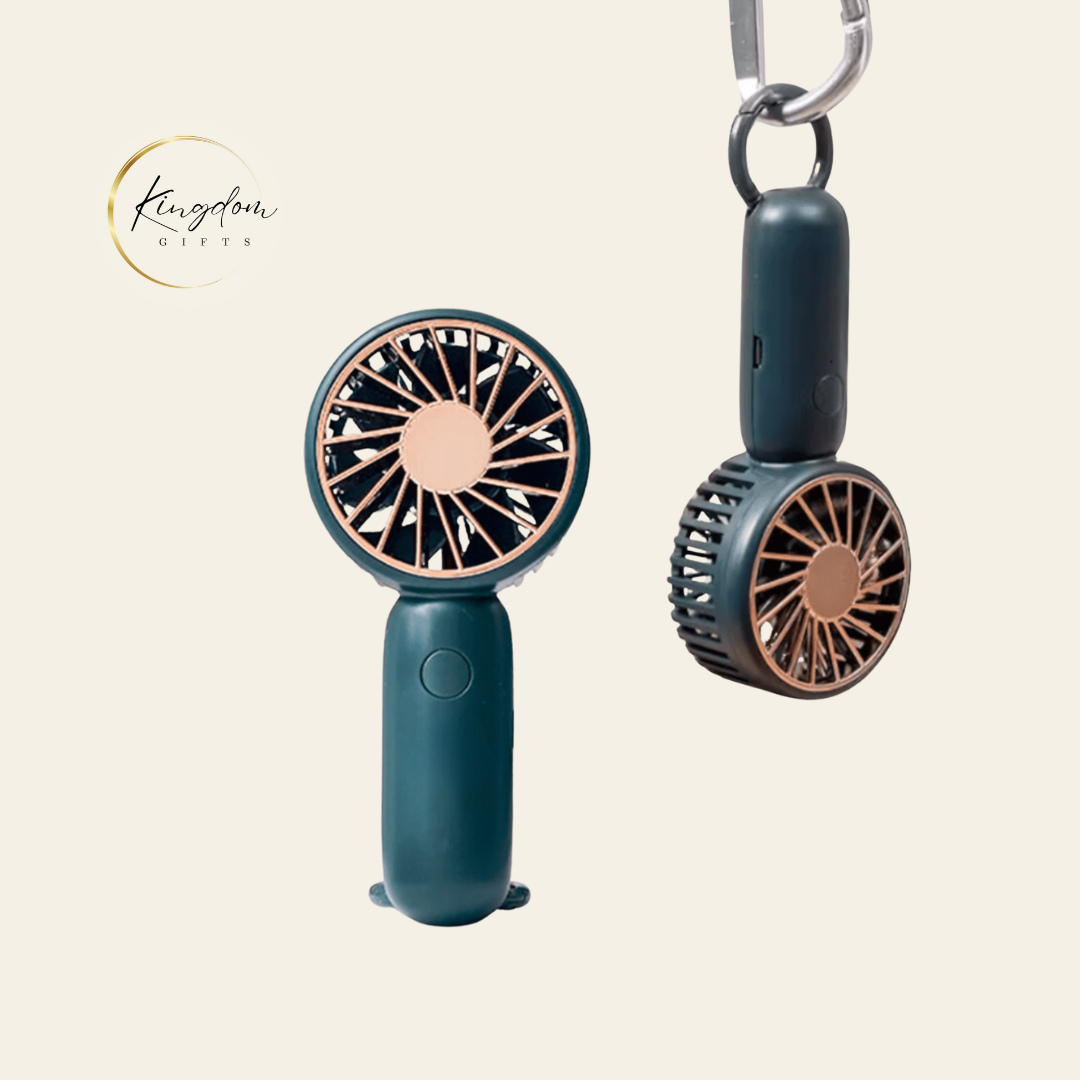 Custom Mini Handheld Fan with Carabiner in dark green, shown standing upright and hanging from a keychain hook, highlighting its dual functionality.