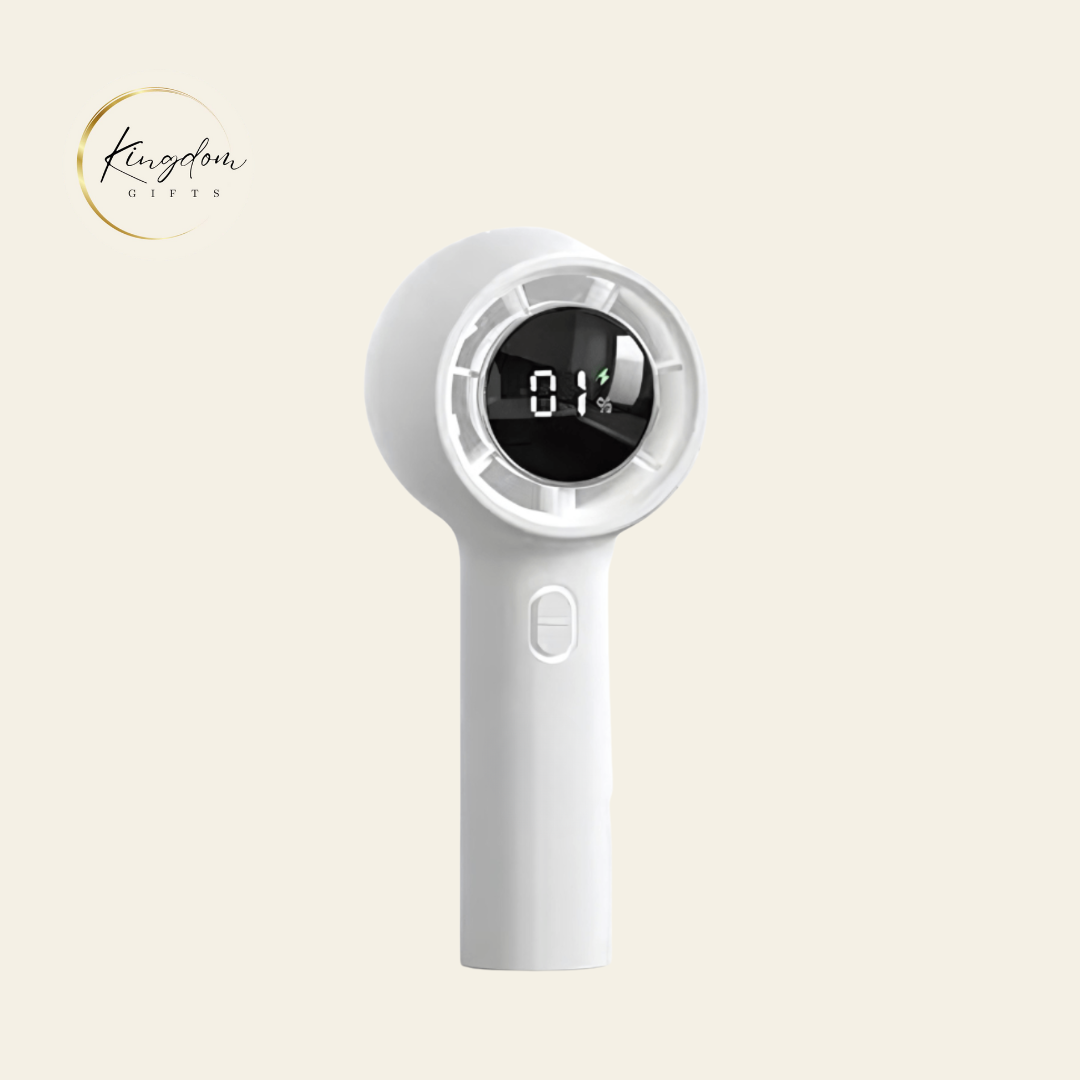 Front view of the Custom Handheld 5 Speed Turbo Fan in white with digital battery indicator, a popular choice for unique corporate gifts and event premiums in Singapore.