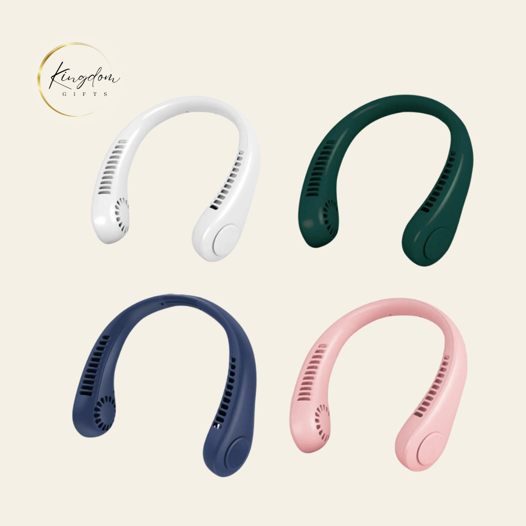 Custom bladeless neck fans in white, green, navy, and pink – ideal for corporate gifts in Singapore