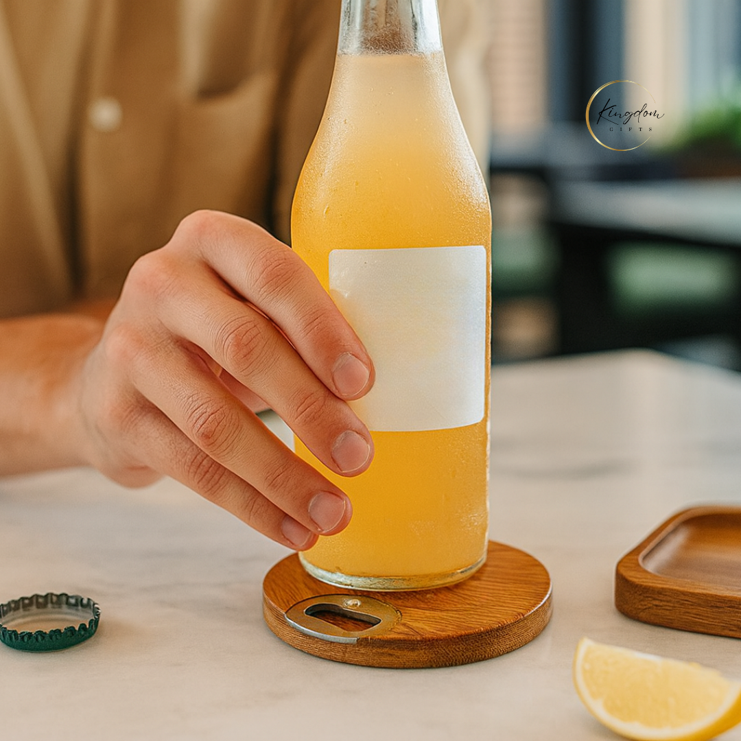 Eco-conscious corporate gift idea in Singapore: Our custom bamboo wood coaster with built-in opener is both functional and stylish – perfect for lifestyle branding moments.