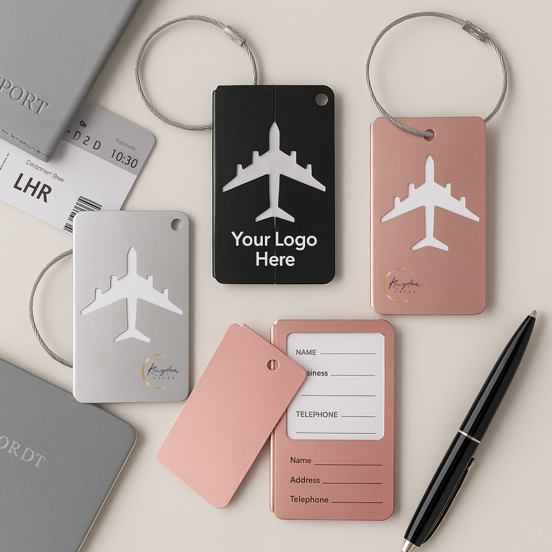 Elegant aluminium luggage tags with airplane cutouts and custom logo printing, shown with name cards and premium finishes for bulk orders.