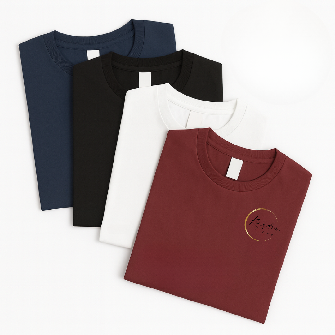 Folded Gildan Hammer adult t-shirts in maroon, white, black, and navy with printed logos, suitable for premium event or team branding