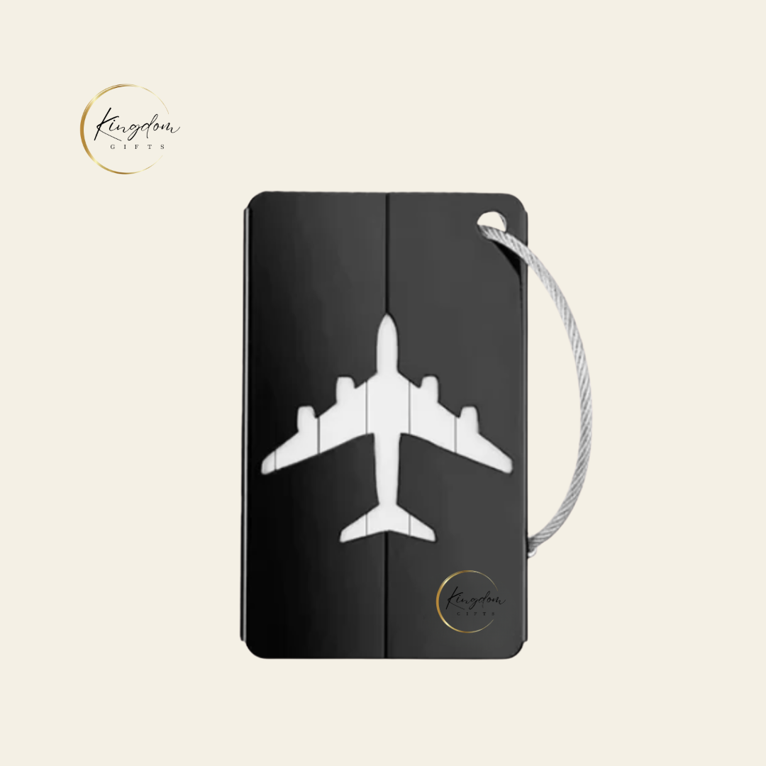 Custom black aluminium luggage tag featuring airplane cutout and company logo, premium corporate gift option for travel-related campaigns.