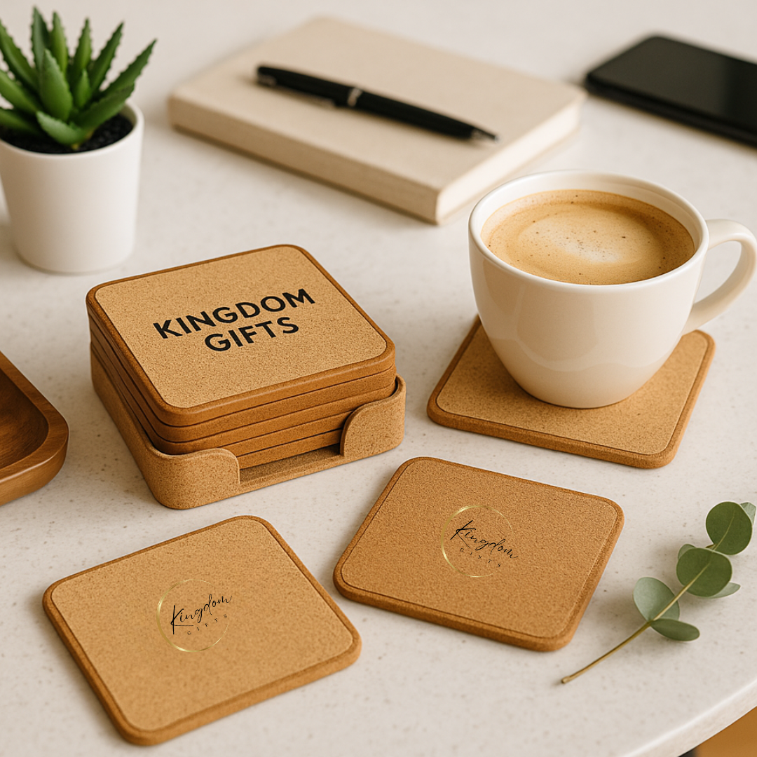 Premium custom cork coaster set with logo printing, perfect for bulk corporate gifting in Singapore. Eco-friendly, durable, and ideal for office or event branding.